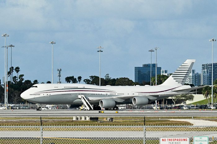 Qatari Boeing 747 sits on the tarmac of Palm Beach International airport after US President Donald Trump toured the aircraft