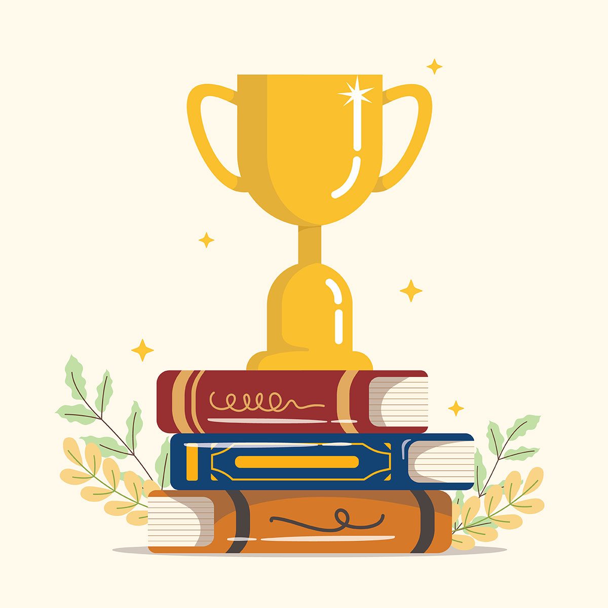 Gold trophy cup with stack of books, Winner prize goblet. Learn and succeed concept.