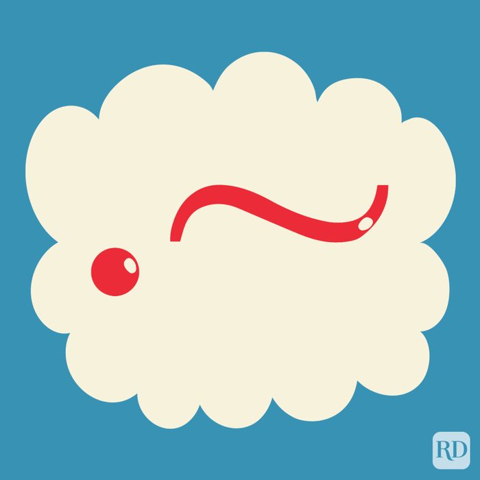 Snark Mark in the color red on a beige cloud on blue background.