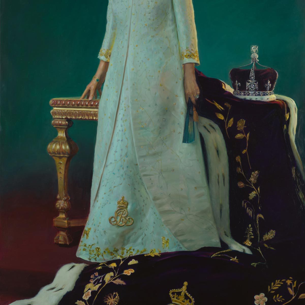 Closeup of Queen Camilla's portrait with gold embroidered dogs on the base of her dress
